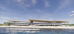 Lifelike rendering of a large modern building. In the foreground is a pristine body of water.