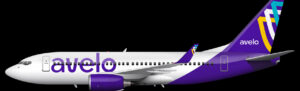 A white and purple jet with Avelo branding.