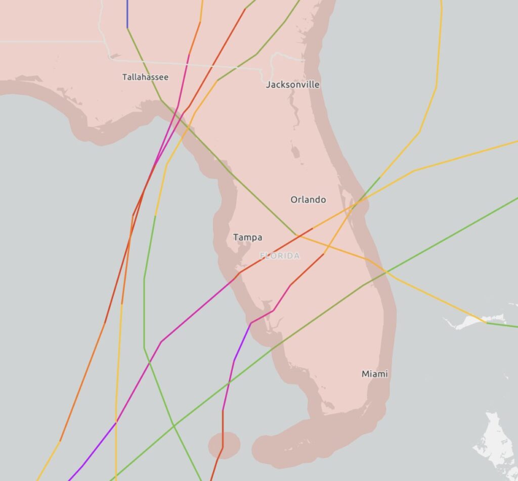 Map of the state of Florida with lines illustrating the trajectories of hurricanes from 2022-2024.