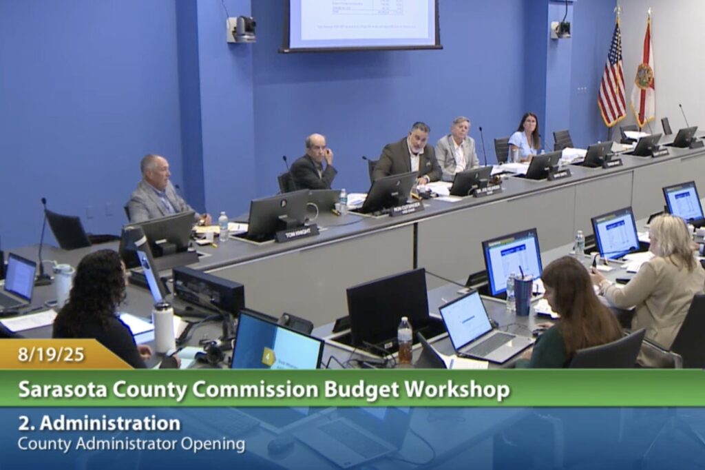 Screencap from a county commission meeting. From left to right: Top Night, Ron Cutsinger, Joe Neunder, Mark Smith and Teresa Mast.