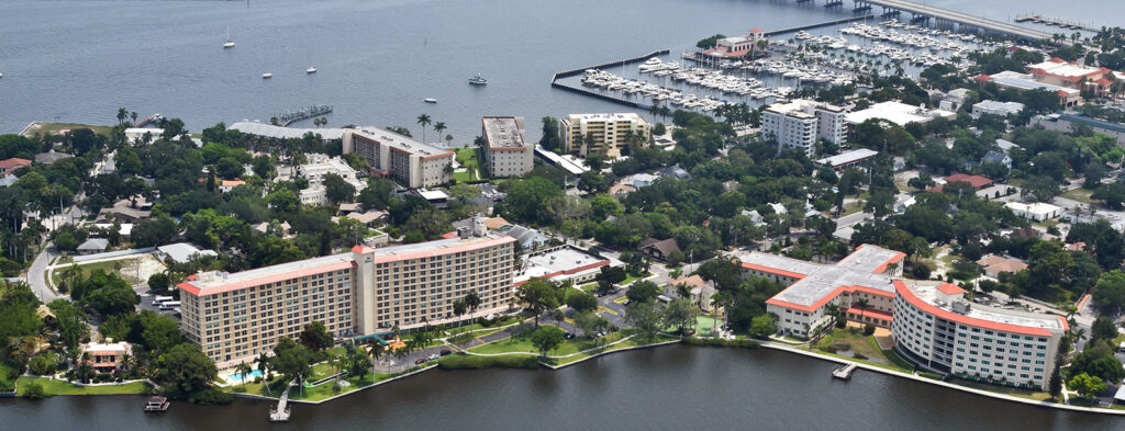 Aerial photo of a waterfront community.