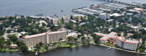 Aerial photo of a waterfront community.