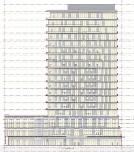 Simple profile illustration of a three-story building adjacent to an 18-story tower.