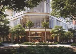 Lifelike rendering of a luxury tower viewed from street level.