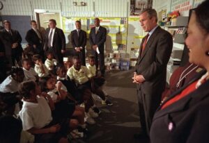 George W. Bush speaks to Booker Elementarystudents.