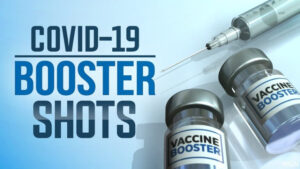 Render of a syringe and two jars labeled "vaccine booster" with accompanying text that reads "COVID-19 booster shots".