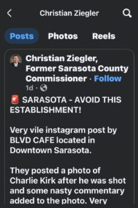 Screenshot of the Facebook post by Christian Ziegler advising Sarasotans to avoid Boulevard Cafe.