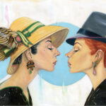 A painting of two women facing one another with their eyes closed, one leaning forward towards the other. Each wears an ornate hat, one with feathered wings and the other with monarch butterflies, and each also wears an earring corresponding to the design of the other's hat.