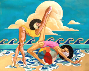 A painting of two ballerinas posing on the beach, both wearing elaborate headwear.