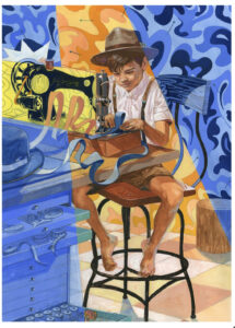 A painting of a young boy working at an old-fashioned sewing machine to make a hat.