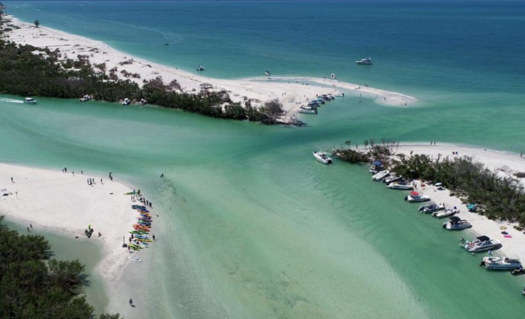 Aerial photo of Midnight Pass, a coastal inlet.
