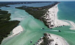 Aerial photo of Midnight Pass, a coastal inlet.