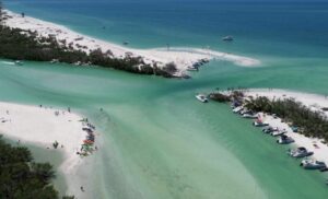 Aerial photo of Midnight Pass, a coastal inlet.