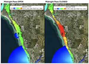 Diagram showing the decrease in water quality that occurs in Little Sarasota Bay when Midnight Pass is closed.