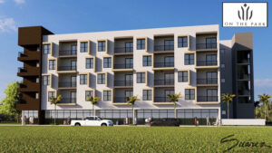 Rendering of a five-story apartment building. A logo in the top right reads "On The Park."