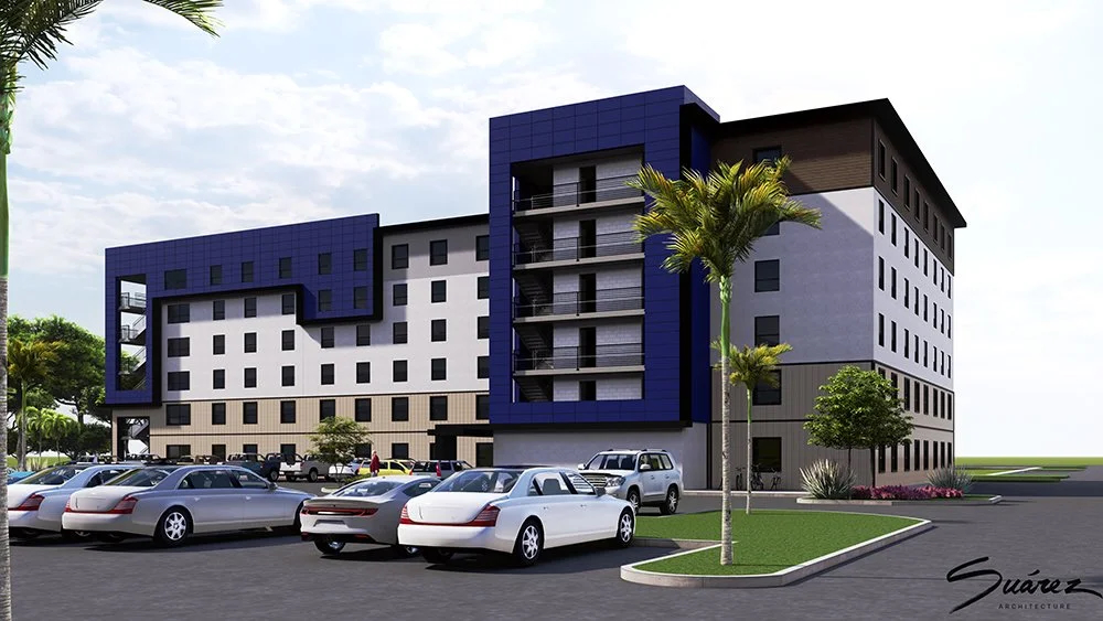 Rendering of a six-story apartment building.