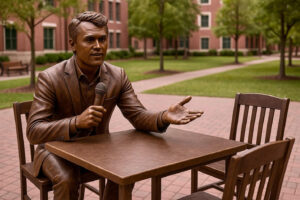 Rendering of a statue of Charlie Kirk sitting at a table holding a microphone and gesticulating while speaking. The table is missing a leg, and the construction of the chairs is inconsistent.