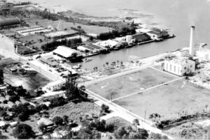 Black and white aerial photo of the area around the 10th Street Boat Ramp.