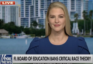 Still of Bridget Ziegler appearing on Fox News with the headline "FL Board of Education band critical race theory".