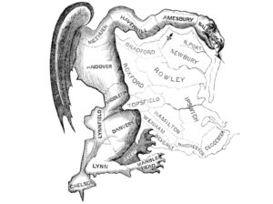A black and white political cartoon poking fun at an outlandishly-shaped voting district by drawing it with monstrous features like wings and sharp talons.