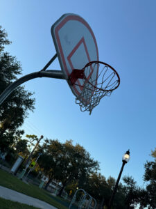 Photo of a basketball hoop in a park.