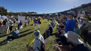 A crowd of No Kings demonstrators assembles outdoors.