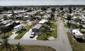 RVs and mobile homes in a mobile home park.