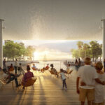 Lifelike rendering of a large group of people enjoying a waterfront patio under an overhang.