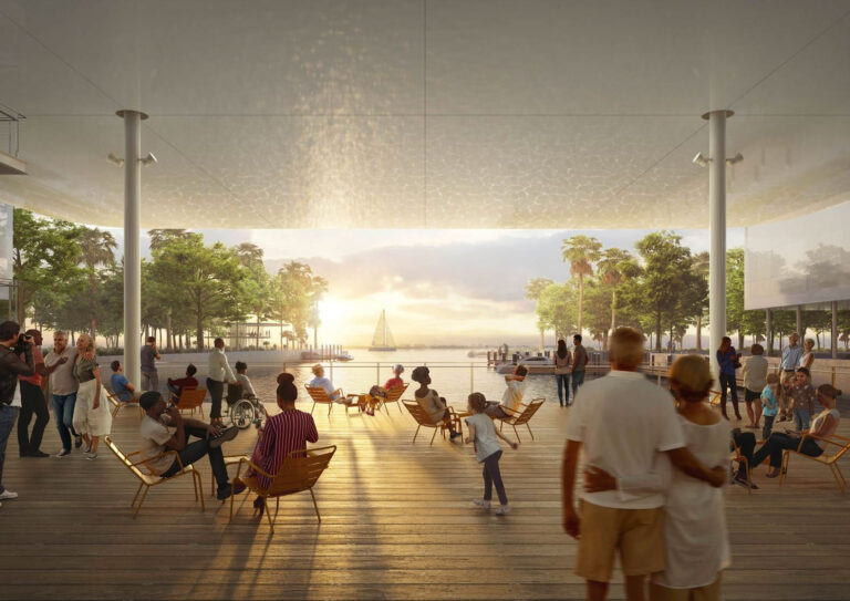 Lifelike rendering of a large group of people enjoying a waterfront patio under an overhang.