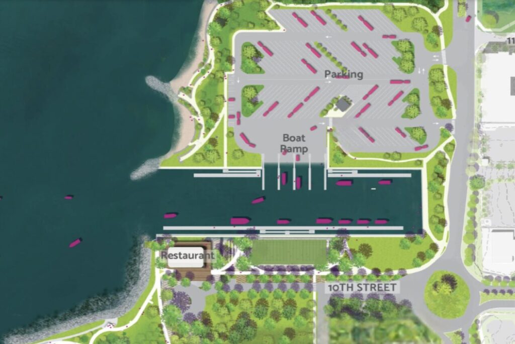 A map of a portion of The Bay park showing the proposed restaurant in relation to 10th Street and the nearby boat ramp.
