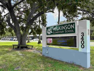 A sign out front for Wilkinson Elementary School.