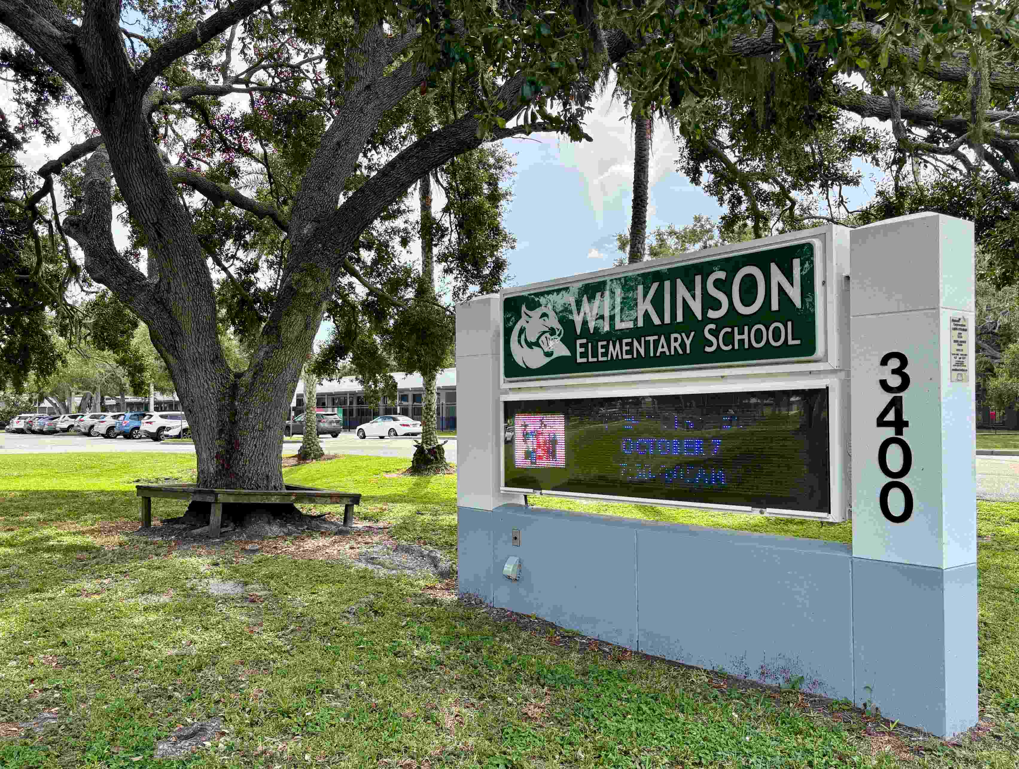 A sign out front for Wilkinson Elementary School.