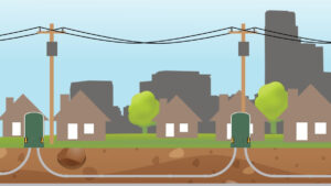 Illustration depicting a neighborhood with overhead and underground power lines.