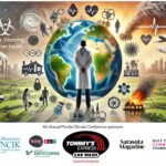 Illustration of a scientist with their back to the viewer facing a globe surrounded by icons representing health, work, and travel. A caption reads "Climate Warming & Human Health." Below are a collection of sponsors' logos.