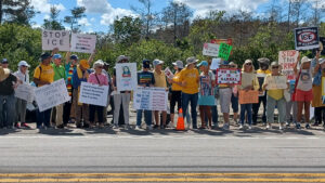 A crowd of anti-ICE demonstrators along the side of the road.