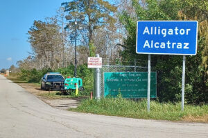 Wayfinding sign on the way to Alligator Alcatraz.