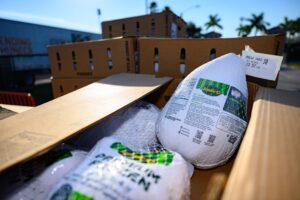 Box containing packaged Jennie-O frozen turkeys.