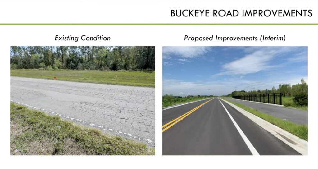 Presentation slide titled "Buckeye Road Improvements" showing a before-and-after of proposed improvements to Buckeye Road.