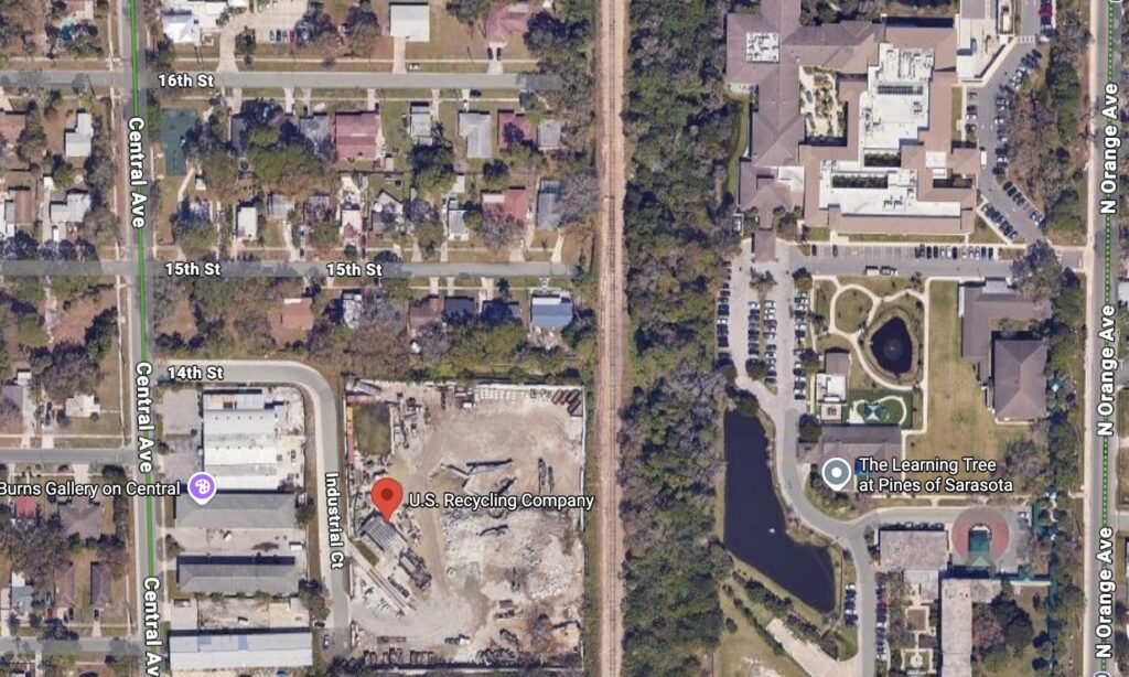 Google Maps overhead screenshot of the area around U.S. Recycling Company.