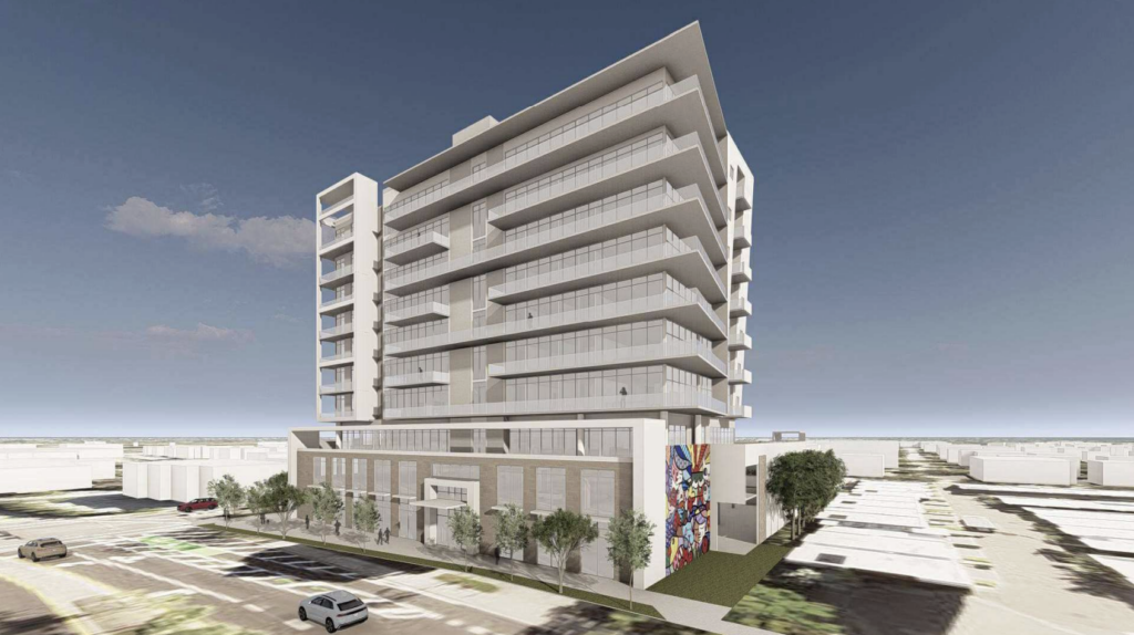 3D rendering of a luxury tower downtown.