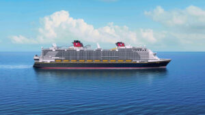 A Disney cruise ship on the water.