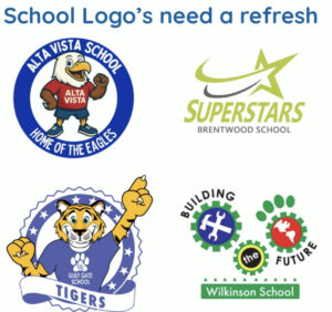 Cropped presentation slide titled "School Logo's need a refresh" featuring the logos for Alta Vista School, Brentwood School, Gulf Gate School, and Wilkinson School.