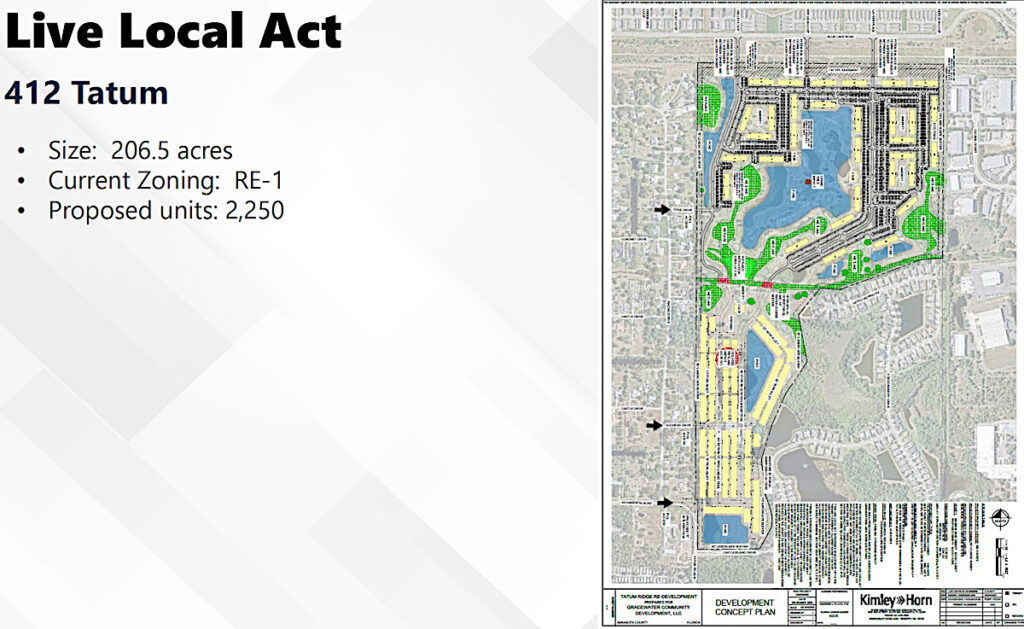 Presentation slide titled "Live Local Act 412 Tatum". Size: 206.5 acres Current Zoning: RE-1 Proposed units: 2,250 To the right is a map of the proposed development.