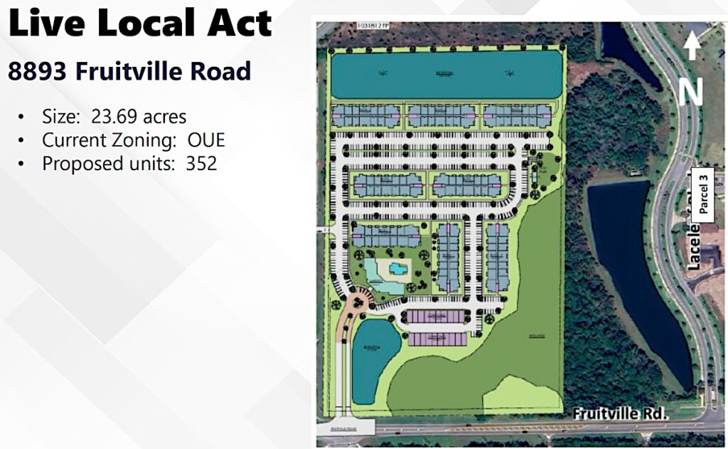 Presentation slide titled "Live Local Act 8893 Fruitville Road". Size: 23.69 acres Current Zoning: OUE Proposed units: 352 To the right is a map of the proposed development.