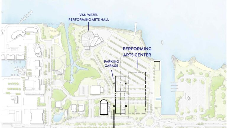 Illustrated map showing the proposed location of the performing arts center and parking decks relative to the Van Wezel.