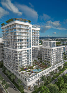 Lifelike rendering of a high-rise luxury condo building.