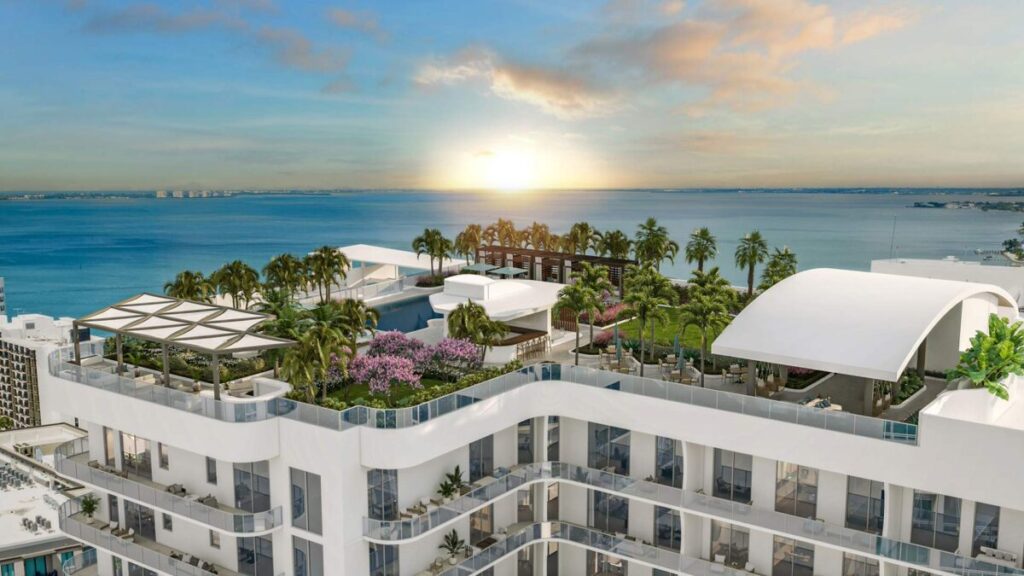 Lifelike rendering of the rooftop patio of a luzury condo building.