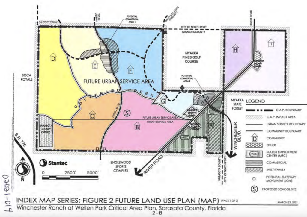 Map of the proposed location of Winchester Ranch showing the plans for development, which include a golf course and several communities.
