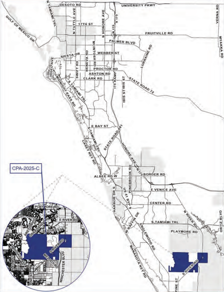 Map of Sarasota County highlighting the proposed location of Winchester Ranch.
