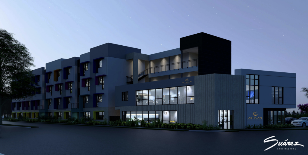 Rendering of an apartment building branded "Artscape". A watermark in the bottom right reads "Suárez Architecture".